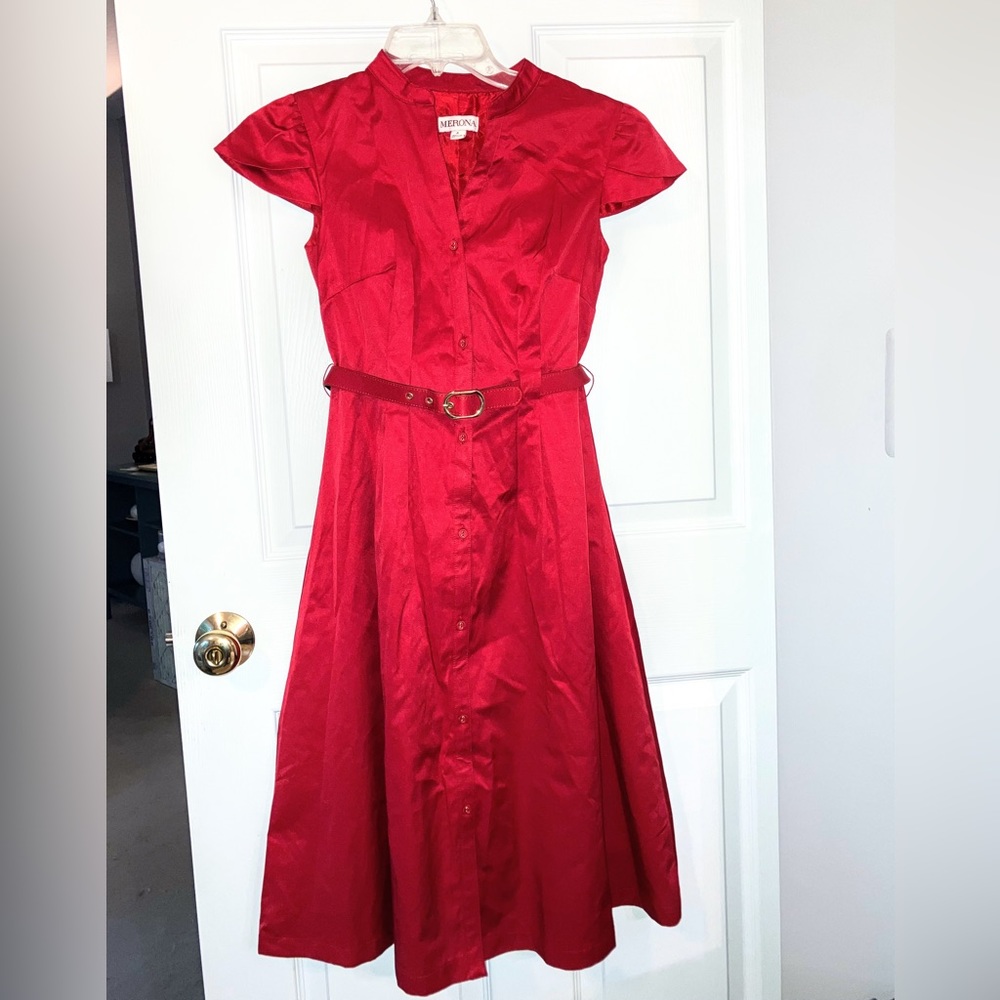 Vintage Sz 4/Sm Red Retro Belted Midi Dress/Cap Sleeves/Mandarin Collar V Neck
